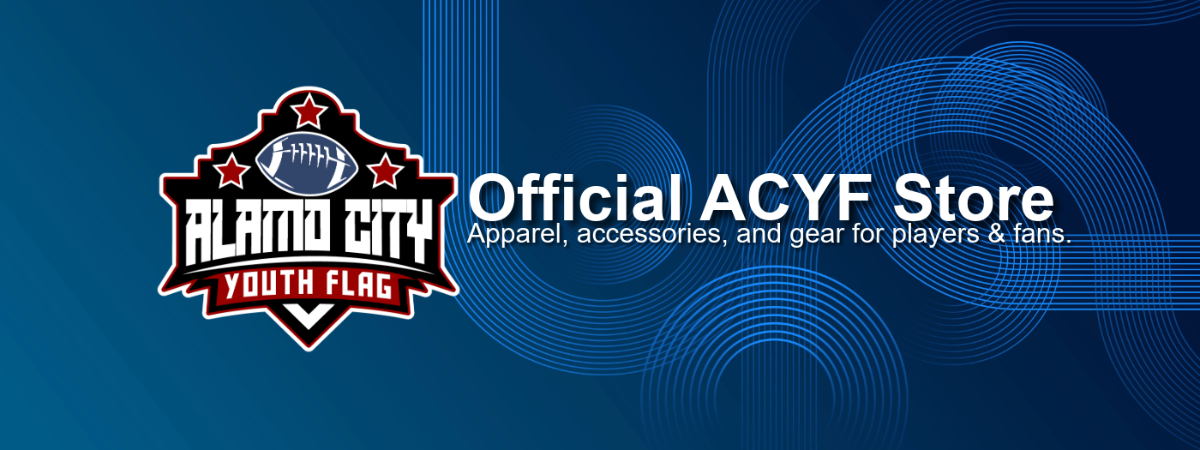 Alamo City Youth Flag store logo on a blue background with text about apparel and accessories for players and fans.